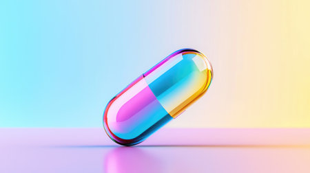 A glowing AI-enhanced pill concept set in a vibrant, futuristic digital environment.の素材