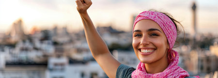 A beautiful breast cancer survivor raises her arm in triumph, symbolizing strength, hope, and awareness in the fight against cancer.の素材