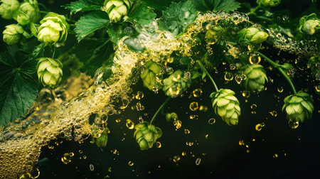 Green hops cascade through fresh water, illustrating vibrant freshness and brewing.の素材