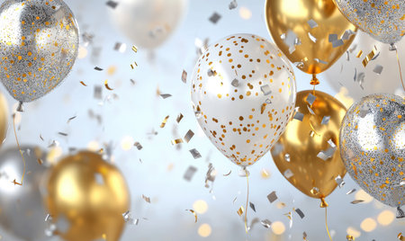 A glamorous scene of gold and silver balloons surrounded by falling confetti, perfect for festive occasions.の素材