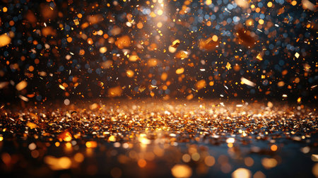 Golden confetti sparkles under spotlights, symbolizing a festive celebration or grand event.の素材