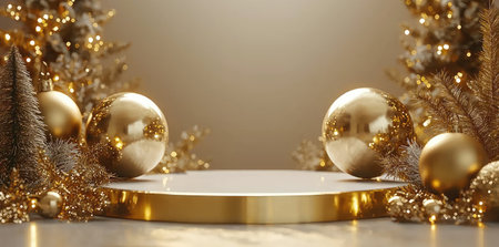 A beautifully designed Christmas and New Year scene featuring a luxurious podium adorned with golden ornaments and festive decorations, ideal for holiday promotions and displays.の素材