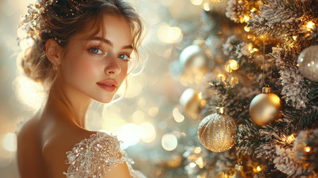 A beautiful ballerina gracefully poses beside a Christmas tree adorned with festive lights and ornaments.の素材
