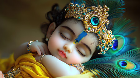 A serene depiction of baby Lord Krishna peacefully sleeping with a peacock feather, symbolizing divine innocence and purity.の素材