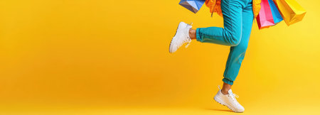 A joyful young woman with colorful shopping bags against a vivid yellow backdrop celebrates a sale.の素材