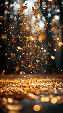 Golden confetti sparkles under spotlights, symbolizing a festive celebration or grand event.の素材