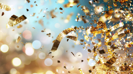 Golden confetti sparkles under spotlights, symbolizing a festive celebration or grand event.の素材