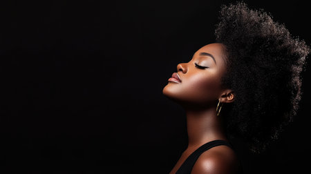 Stunning portrait of a confident, young plus-size African American model in a stylish setting.の素材