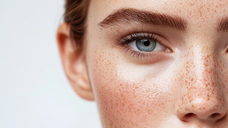 A detailed close-up portrait showing freckled skin, captured in high resolution with professional studio lighting and soft shadows.の素材