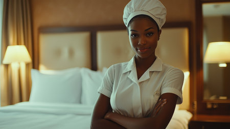 Young Hotel Maid in Elegant Classic Interior. A.I.の素材