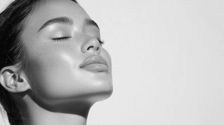 Close-up portrait of a young woman showing flawless skin and natural makeup, ideal for wellness and beauty themes.の素材