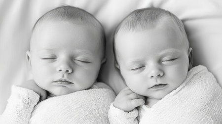 A serene black-and-white portrait of twin babies peacefully sleeping, capturing innocence and tranquilityの素材