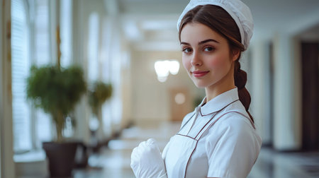 Young Hotel Maid in Elegant Classic Interior. A.I.の素材