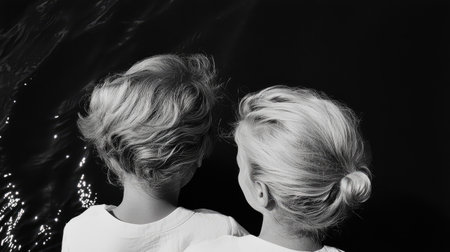 A calm and abstract black-and-white photograph of twins, focusing on the harmony of shapes, textures, and hair care.の素材