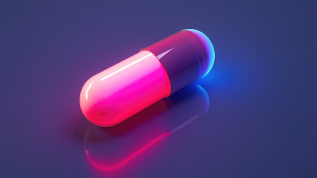 A glowing AI-enhanced pill concept set in a vibrant, futuristic digital environment.の素材