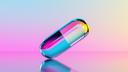 A glowing AI-enhanced pill concept set in a vibrant, futuristic digital environment.の素材