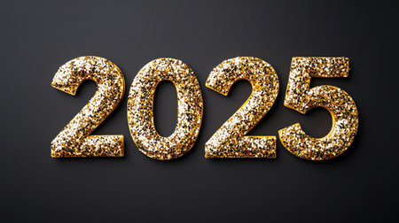 Golden glittery 2025 numbers isolated on a black background, perfect for Happy New Year celebrations and festive decorations.の素材