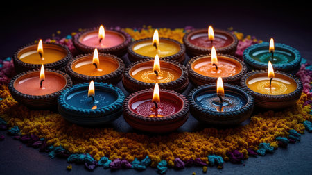 A vibrant Diwali background featuring colorful diya lamps and flowers, offering a perfect space for text or design.の素材
