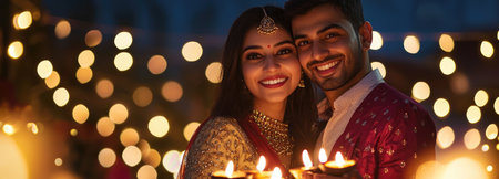 A joyful Indian couple celebrates Diwali with bright, glowing lights and smiles, capturing the spirit of love and togetherness.の素材