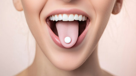 A close-up view of a woman's tongue holding a white pill, illustrating health and medication use.の素材