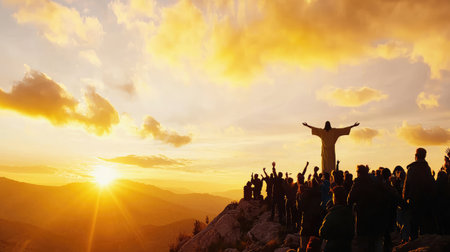 A powerful silhouette of Jesus on a hilltop with arms outstretched, surrounded by followers at sunset.の素材