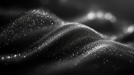 A luxurious black background with a sparkling texture and dynamic light reflections, ideal for festive occasions.の素材