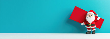 A cheerful cartoon Santa Claus holding a large red banner against a soft blue background.の素材