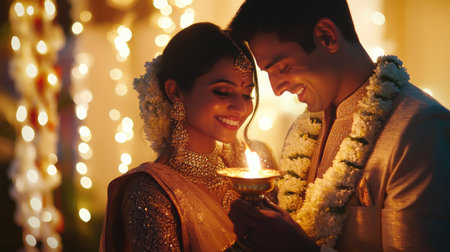 A joyful Indian couple celebrates Diwali with bright, glowing lights and smiles, capturing the spirit of love and togetherness.の素材