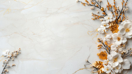 A refined baroque-inspired 3D floral composition featuring golden branches and white flowers on a luxurious marble background, ideal for elegant home decor.の素材