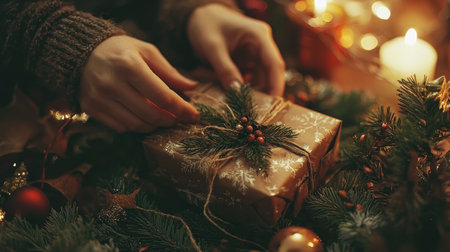 A close-up of hands wrapping a Christmas gift, surrounded by festive lights, pine garland, and holiday decorations.の素材