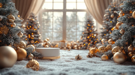 Luxurious Christmas background with snowy podium and golden decorations. A.I.の素材