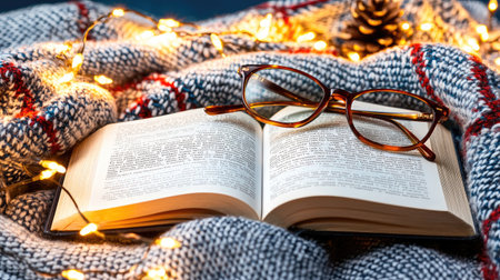 A cozy winter scene with an open book, glasses, and a warm blanket illuminated by glowing holiday lights.の素材