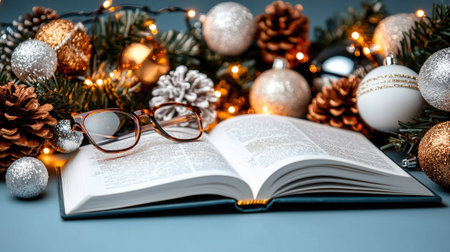A cozy winter scene with an open book, glasses, and a warm blanket illuminated by glowing holiday lights.の素材
