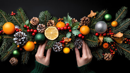 A vibrant Christmas wreath adorned with oranges, pinecones, and festive baubles, creating a natural and cheerful holiday decoration.の素材