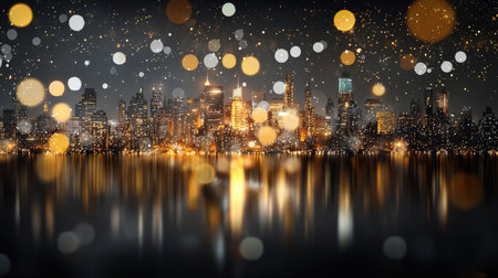 Golden fireworks light up the night sky, reflecting off a vibrant city skyline as people globally celebrate the New Year.の素材