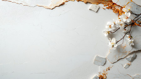 A refined baroque-inspired 3D floral composition featuring golden branches and white flowers on a luxurious marble background, ideal for elegant home decor.の素材