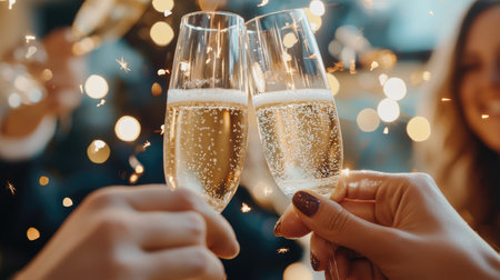 A close-up of champagne flutes clinking together, celebrating with sparkling bubbles and golden lights, perfect for festive occasions.の素材