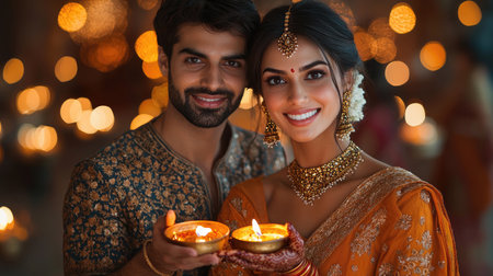 A joyful Indian couple celebrates Diwali with bright, glowing lights and smiles, capturing the spirit of love and togetherness.の素材