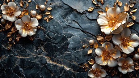 A luxurious 3D baroque floral arrangement with golden accents on a black marble background, perfect for high-end wall decor and elegant interiors.の素材
