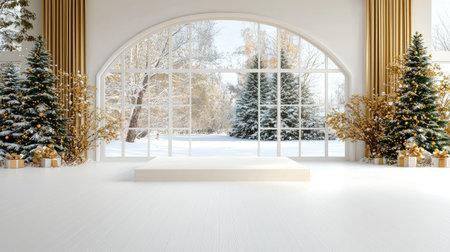 Luxurious Christmas background with snowy podium and golden decorations. A.I.の素材