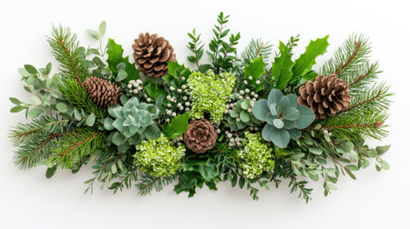 A beautifully arranged festive display featuring pine cones, succulents, and various greenery, perfect for a natural and eco-friendly Christmas decoration.の素材