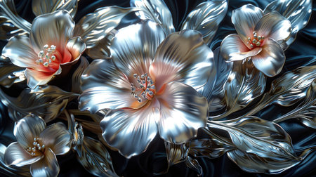 A shimmering baroque-inspired floral sculpture crafted from metallic materials, designed to enhance luxury interior spaces.の素材