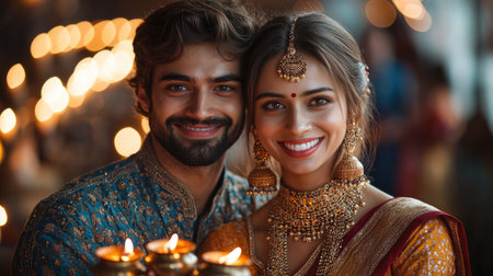 A joyful Indian couple celebrates Diwali with bright, glowing lights and smiles, capturing the spirit of love and togetherness.の素材