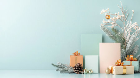 A minimalist flat lay featuring New Year resolutions surrounded by holiday decorations and gift boxes in pastel and gold tones.の素材