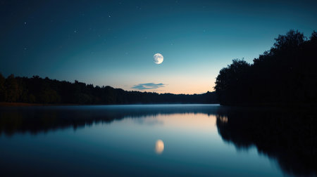 A peaceful Sharad Purnima night featuring a bright full moon reflecting on a serene lake.の素材