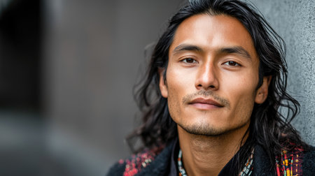 A portrait of a young Native American man wearing traditional beads, symbolizing cultural heritage and strength.の素材