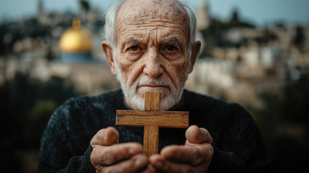 An elderly man holding a wooden cross in prayer, standing near a religious holy site.の素材