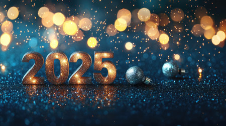 Golden 2025 numbers sparkling on a blue bokeh background, ideal for New Year's celebrations and holiday decor.の素材