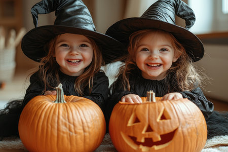 Two adorable toddlers dressed as witches joyfully interact with glowing carved pumpkins, celebrating Halloween at home.の素材