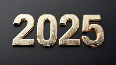 Golden glittery 2025 numbers isolated on a black background, perfect for Happy New Year celebrations and festive decorations.の素材